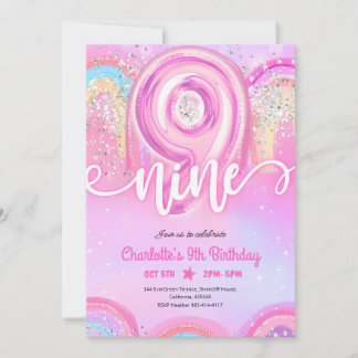Pink Pastel Balloons 9th Birthday Invitation