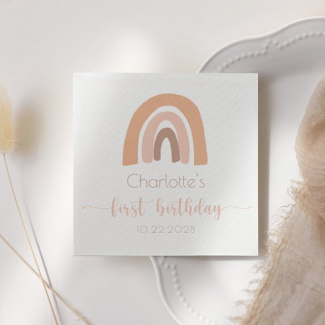 Pink Pastel Boho Rainbow First Birthday Napkin (Creator Uploaded)