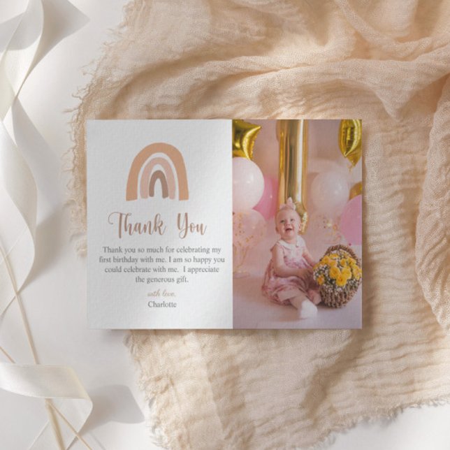 Pink Pastel Boho Rainbow First Birthday Thank You Card (Creator Uploaded)