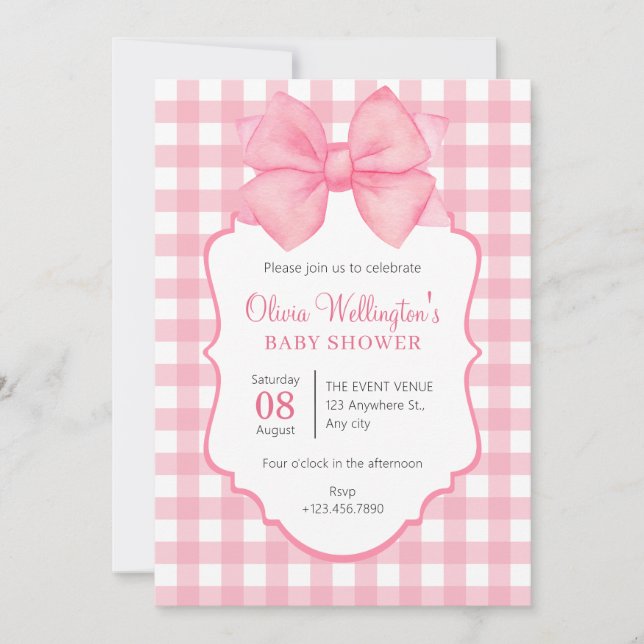 pink pastel bow baby shower invitation (Front)
