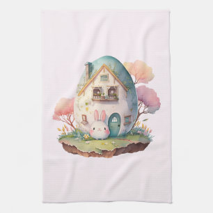 Pink Pastel Bunny & Egg House Cute Tea Towel