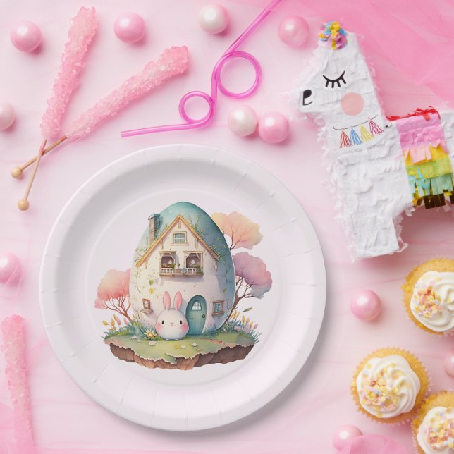 Pink Pastel Bunny Rabbit & House Paper Plate (Party)