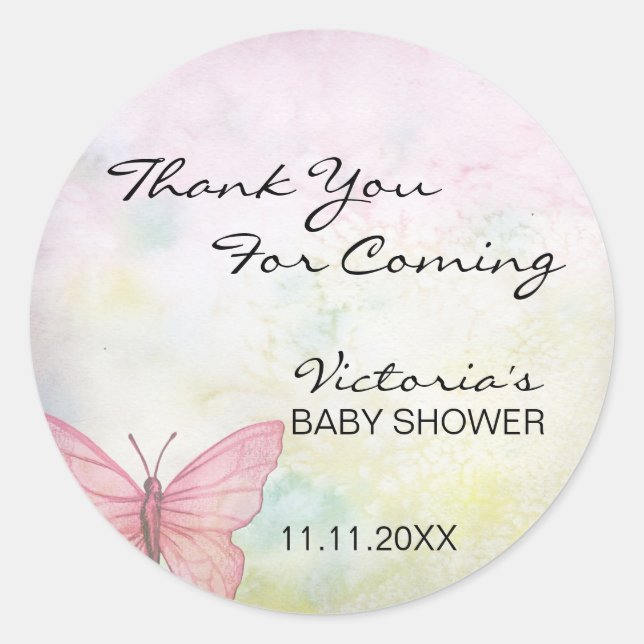 Pink Pastel Butterfly Thank You Baby Shower Classic Round Sticker (Front)