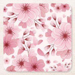 Pink Pastel Cherry Blossom Pattern Square Paper Coaster