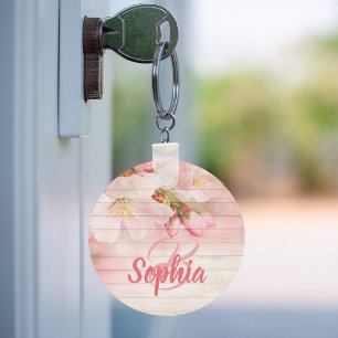 Pink pastel cherry florals monogram  key ring