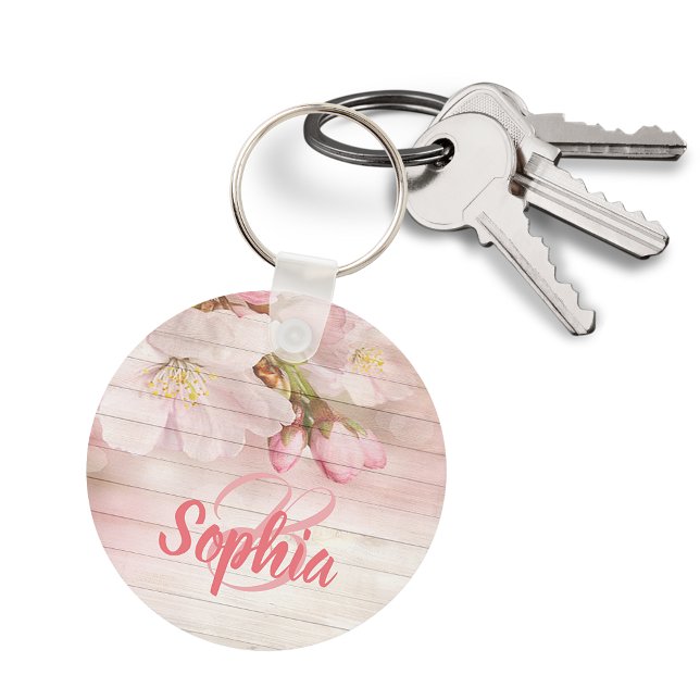 Pink pastel cherry florals monogram key ring (Creator Uploaded)