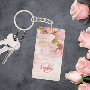 Pink pastel cherry florals monogram key ring