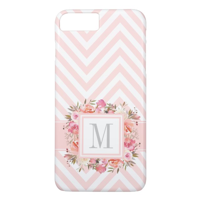 Pink Pastel Chevrons and Floral with Monogram Case-Mate iPhone Case (Back)