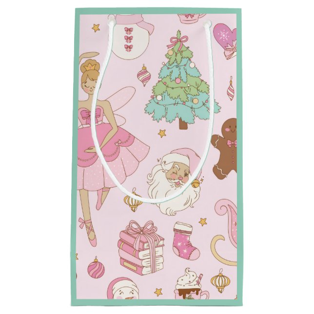 Pink Pastel Christmas Ballerina and Santa  Small Gift Bag (Front)