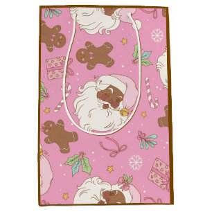 Pink Pastel Christmas Black Santa & Ballerina Medium Gift Bag