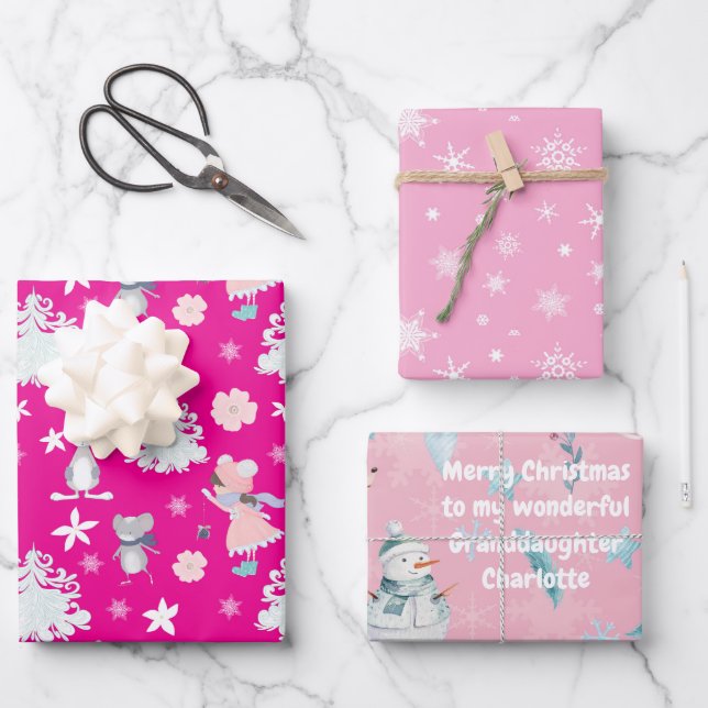Pink🎄 Pastel Christmas pattern, custom text  Wrapping Paper Sheet (Front)