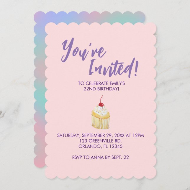 Pink Pastel Cupcake Birthday Invitation (Front/Back)