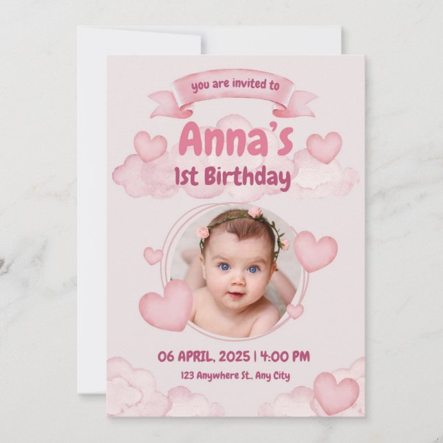 Pink Pastel Cute First Baby Girl Birthday Invitation (Front)