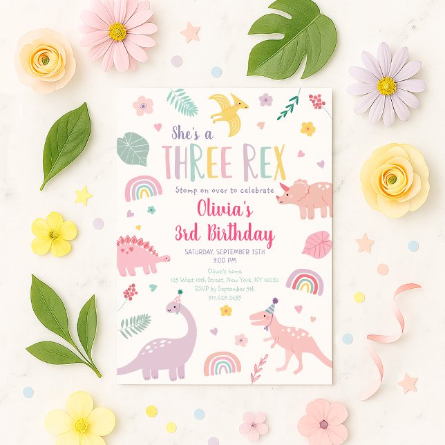 Pink Pastel Dinosaur Three Rex Birthday Invitation (Creator Uploaded)