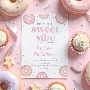 Pink Pastel Donut Five is a Sweet Vibe Birthday Invitation