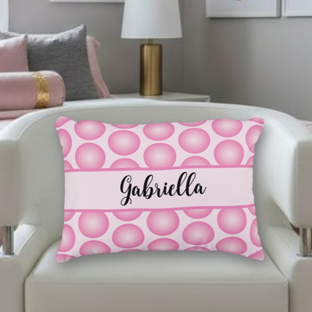 Pink Pastel Dots Elegant Script Name Decorative Cushion (Personalized script girl's name pink polka dot throw pillow on a white chair.)
