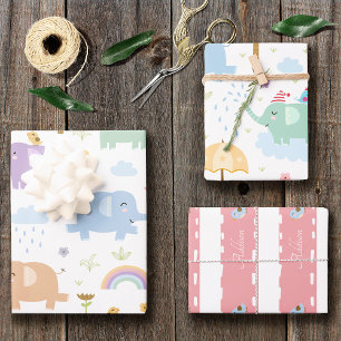 Pink Pastel Elephant Pattern for Little Girl Party Wrapping Paper Sheet
