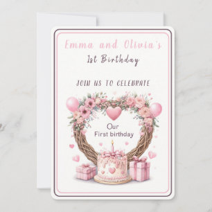 Pink Pastel Floral Wreath Twins First Birthday - Invitation