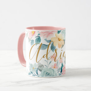 Pink Pastel Flowers Watercolor Floral Add Name Mug