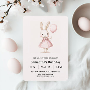 Pink Pastel Girl Bunny Easter Kids Birthday Invitation