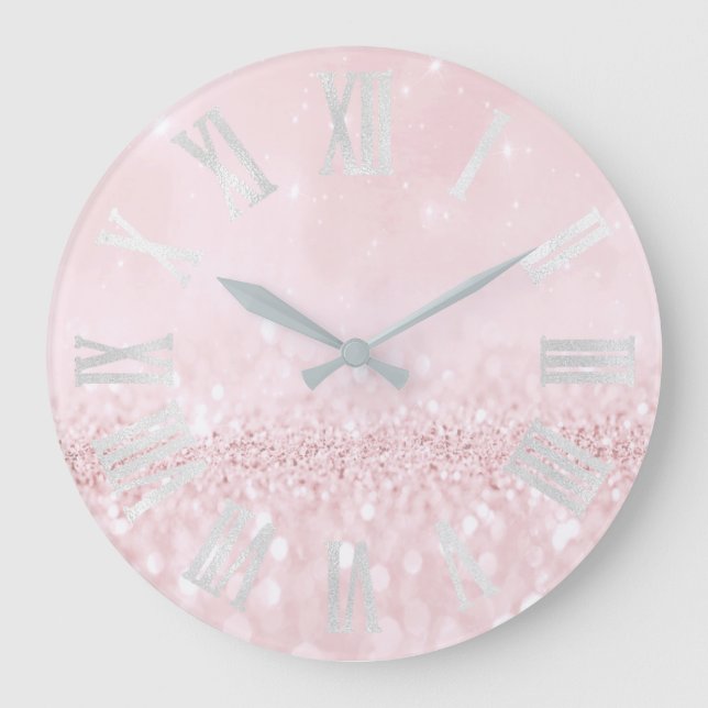 Pink Pastel Girly Glitter Grey Roman Numbers Large Clock (Front)
