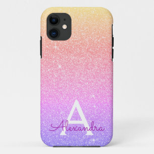 Pink Pastel Glitter and Sparkle Monogram iPhone 11 Case