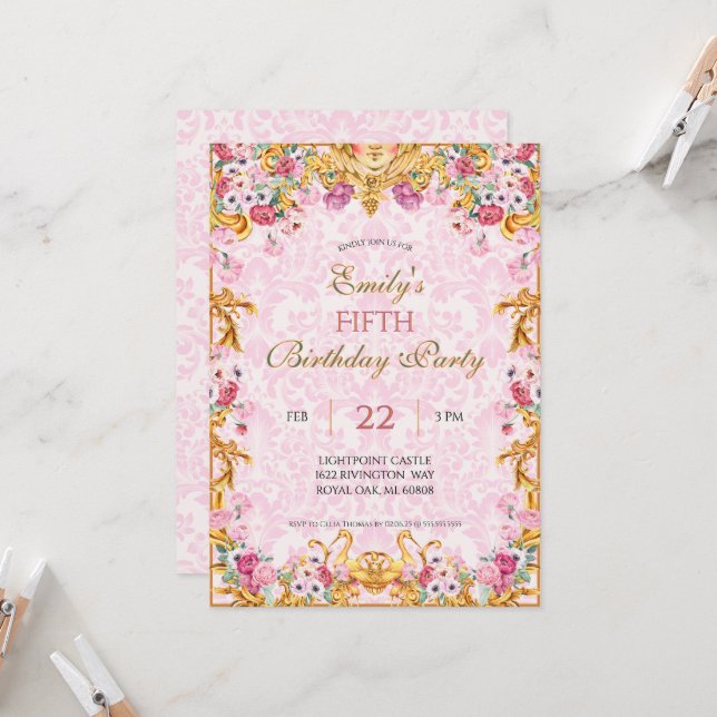 Pink Pastel Gold Fifth Baroque Rococo Birthday Invitation (Front/Back In Situ)