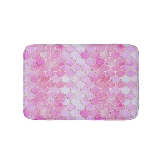 Pink Pastel & Gold Shimmer Mermaid Scale Pattern Bath Mat (Front)