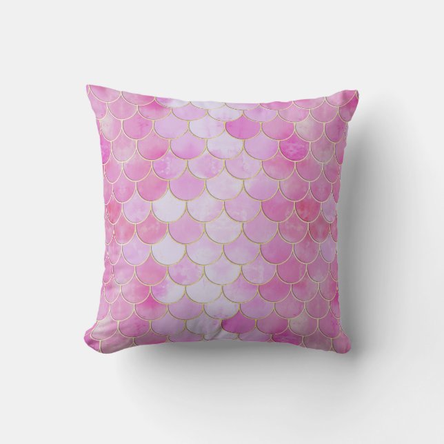 Pink Pastel & Gold Shimmer Mermaid Scale Pattern Cushion (Front)