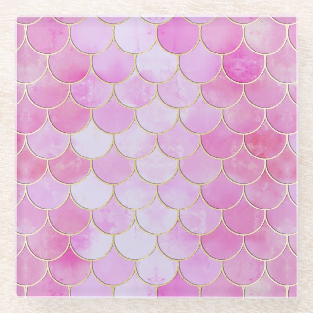 Pink Pastel & Gold Shimmer Mermaid Scale Pattern Glass Coaster (Front)