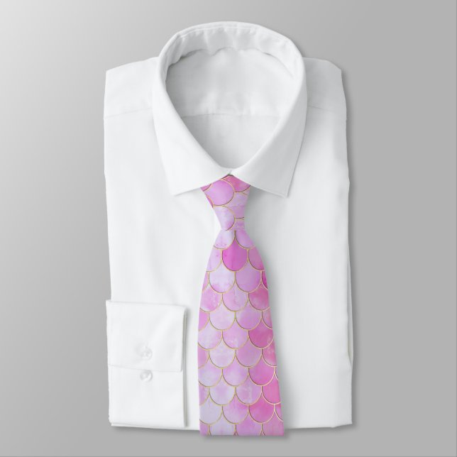 Pink Pastel & Gold Shimmer Mermaid Scale Pattern Tie (Tied)