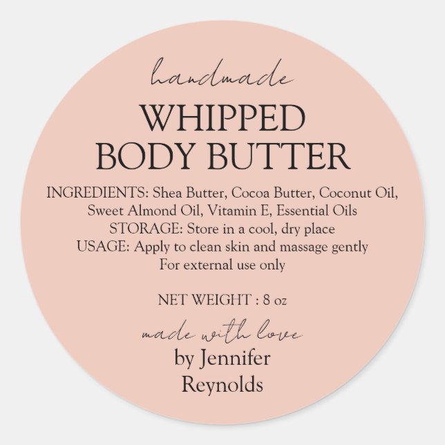 Pink Pastel Handmade Body Butter Organic Classic Round Sticker (Front)