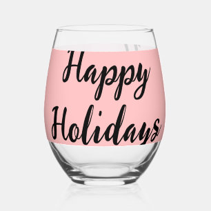 Pink pastel happy holidays Christmas simple stylis Stemless Wine Glass
