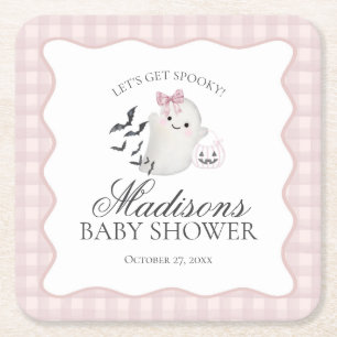 Pink Pastel Little Boo Ghost Baby Shower Bar Square Paper Coaster