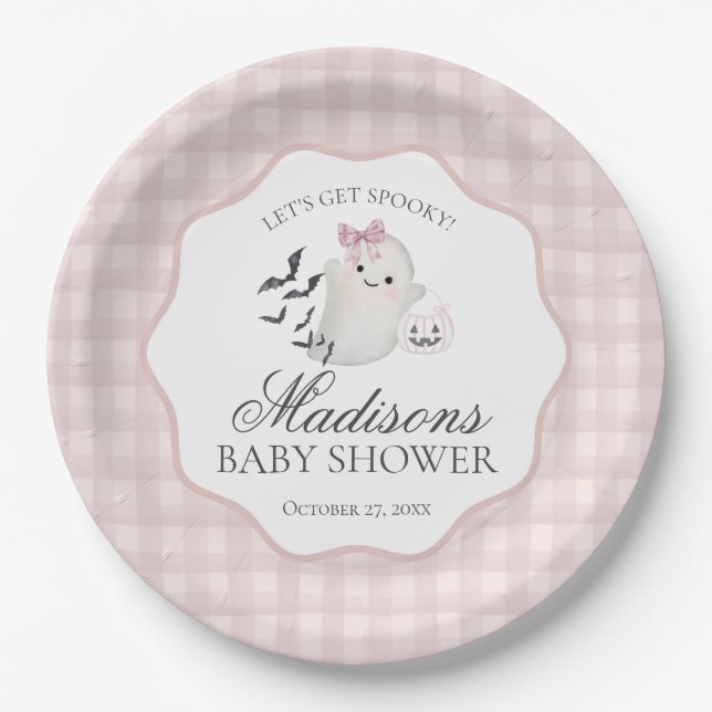 Pink Pastel Little Boo Ghost Baby Shower Dessert Paper Plate (Front)