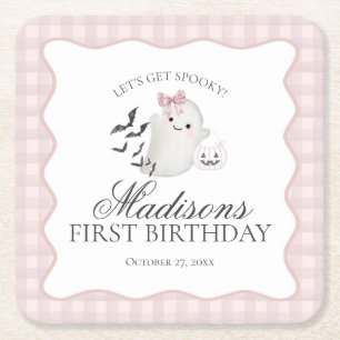 Pink Pastel Little Boo Ghost Birthday Party Bar Square Paper Coaster