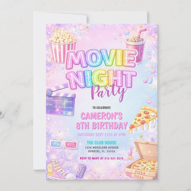 Pink Pastel Movie Night Birthday Party  Invitation (Front)