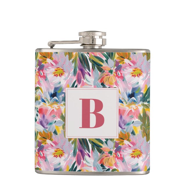 Pink Pastel Pink Abstract Floral Wedding Monogram Hip Flask (Front)