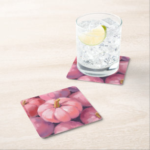 Pink Pastel Pumpkins Halloween Square Paper Coaster
