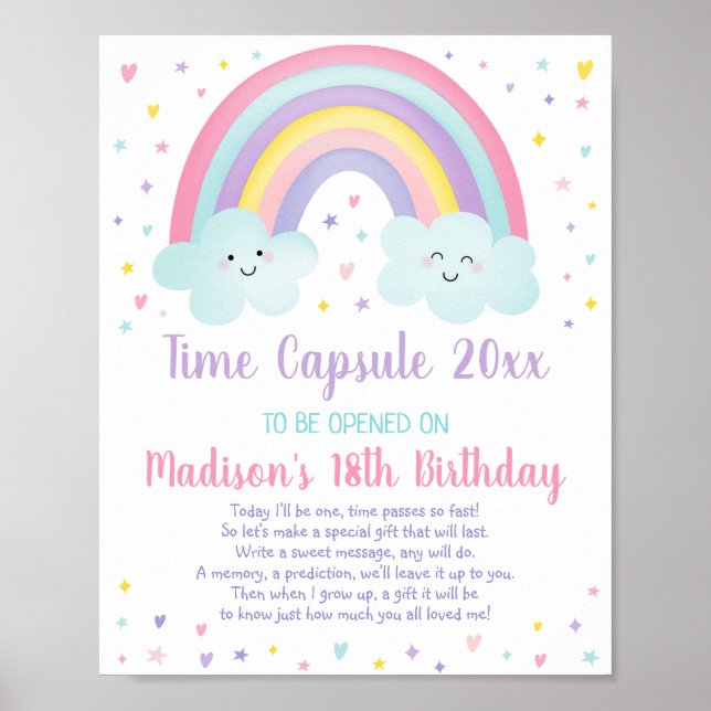 Pink Pastel Rainbow First Birthday Time Capsule Poster (Front)