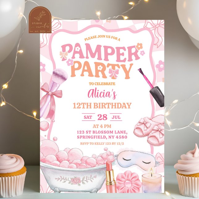 Pink Pastel Retro Spa Pamper Party Birthday Invitation (Creator Uploaded)