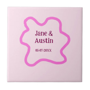 Pink pastel retro wedding border frame name date ceramic tile