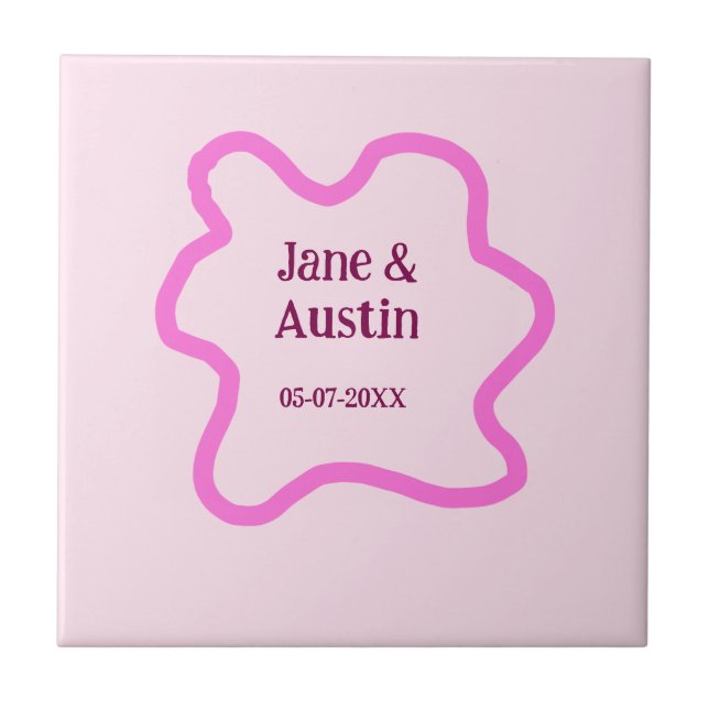 Pink pastel retro wedding border frame name date ceramic tile (Front)