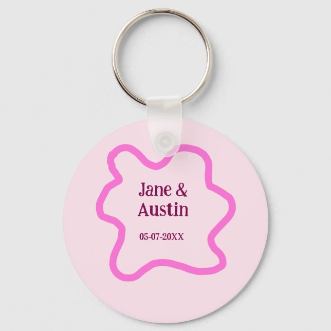 Pink pastel retro wedding border frame name date key ring (Front)