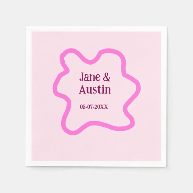 Pink pastel retro wedding border frame name date napkin (Front)