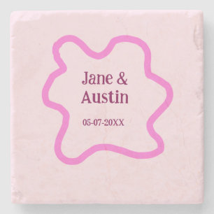 Pink pastel retro wedding border frame name date stone coaster
