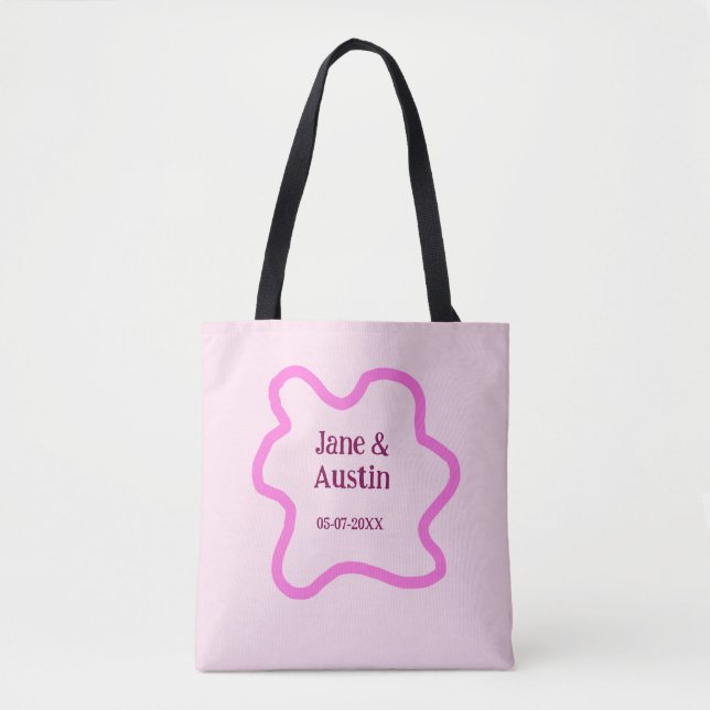 Pink pastel retro wedding border frame name date tote bag (Front)