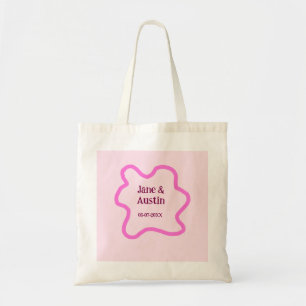 Pink pastel retro wedding border frame name date tote bag
