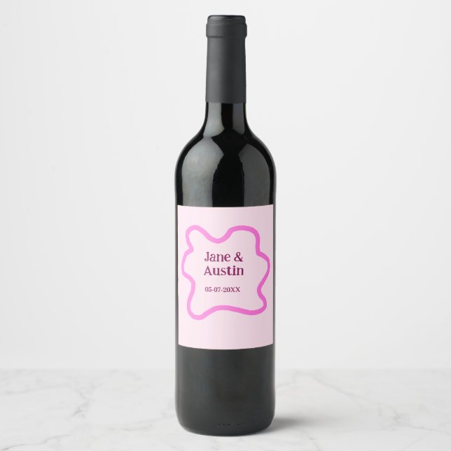 Pink pastel retro wedding border frame name date wine label (Front)