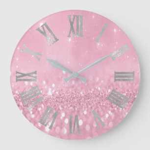 Pink Pastel Rose Glitter Grey Roman Numbers Large Clock